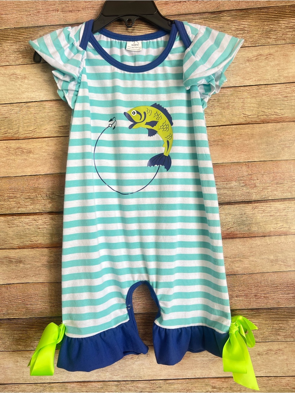 Blue & White Striped Fish One-Piece Bodysuit with Green Bow Accents